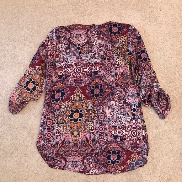 Rue21 Semi Sheer Printed Blouse Women Medium Burgundy Cream Earthy Boho Festival - Picture 3 of 9